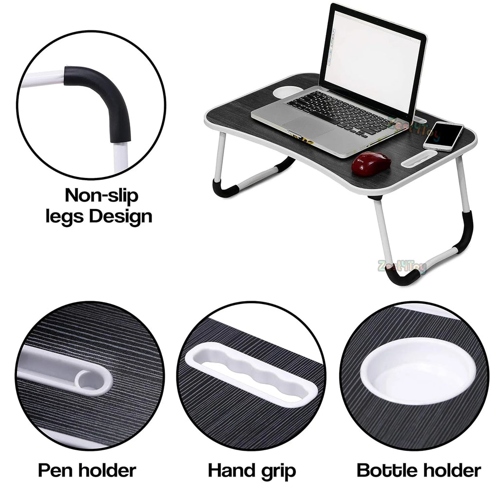 Black Portable Wood Folding Lap Desk with Cup Holder Y48697