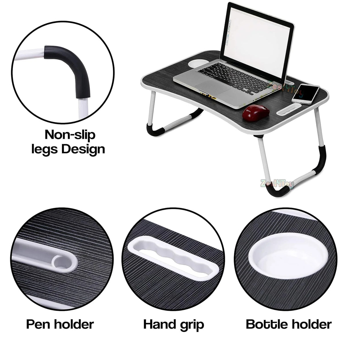 Black Portable Wood Folding Lap Desk with Cup Holder Y48697