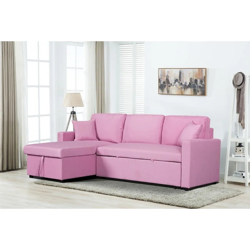Pink Linen Reversible Sleeper Sectional Sofa with Storage Chaise M88344
