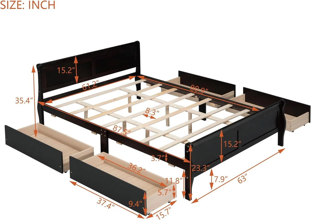 Espresso Queen Size Wood Platform Bed with 4 Storage Drawers G57214