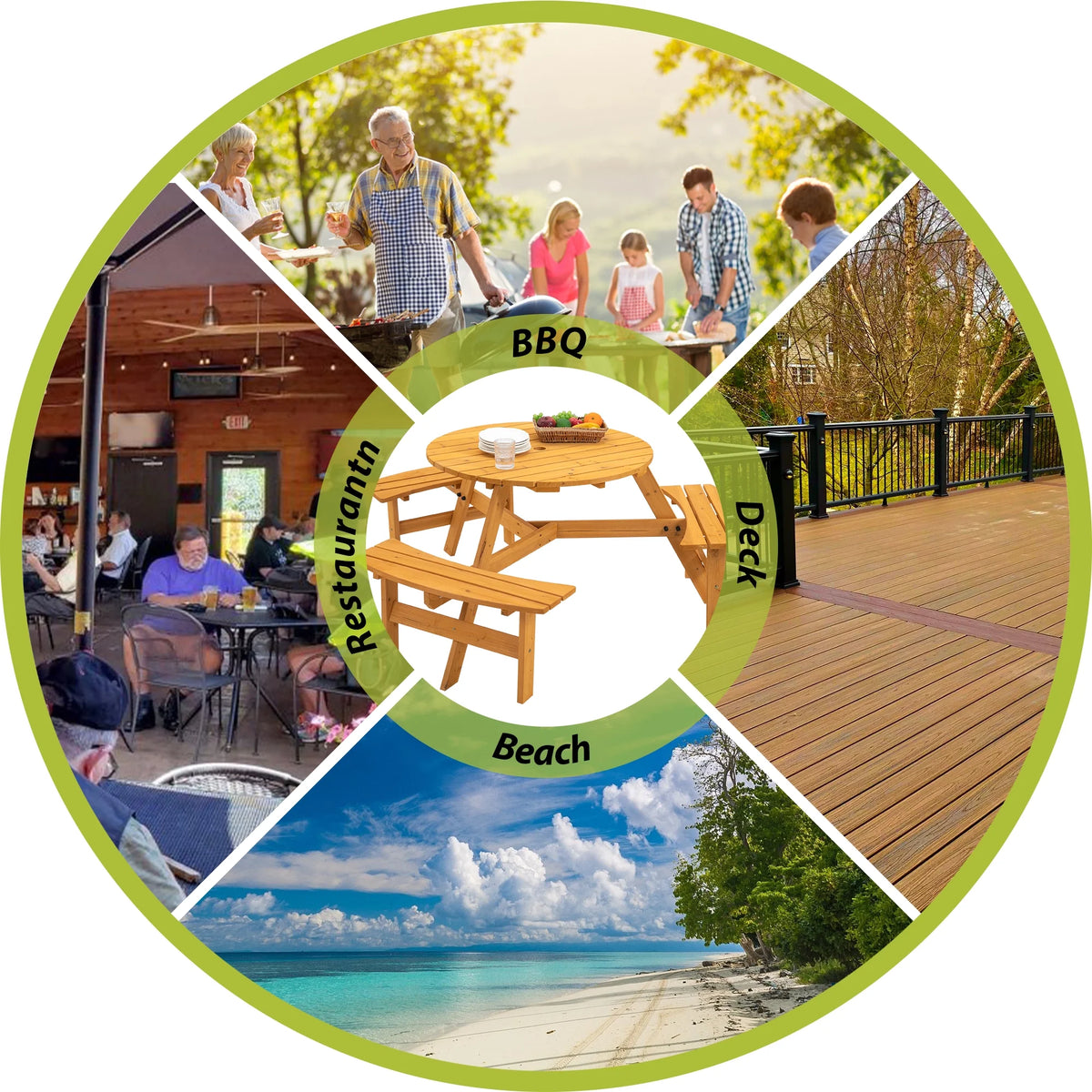 6-Person Circular Wooden Picnic Table with 3 Built-in Benches R263