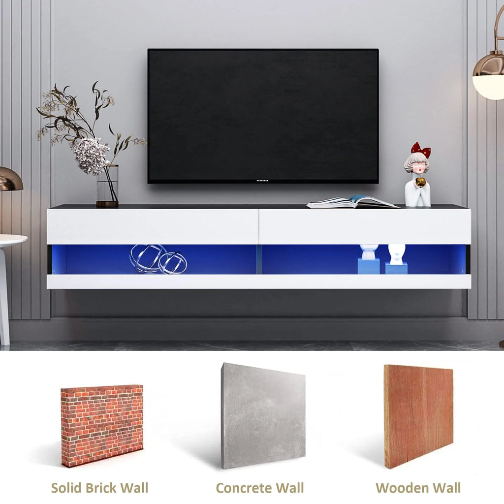 White Black High Gloss Floating TV Stand with LED Lights T3146