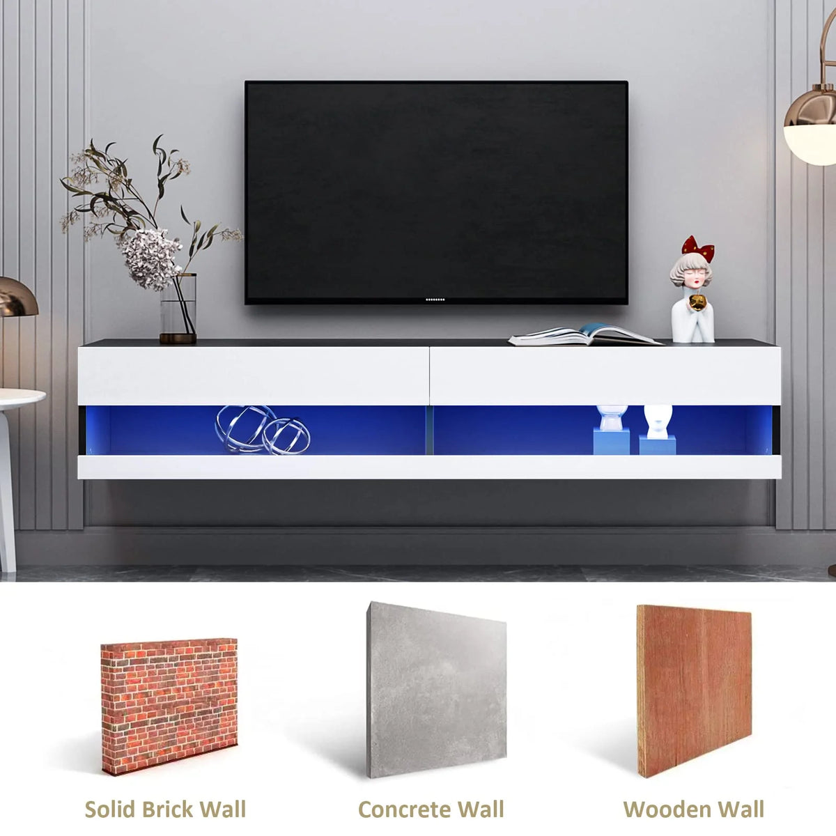 White Black High Gloss Floating TV Stand with LED Lights T3146