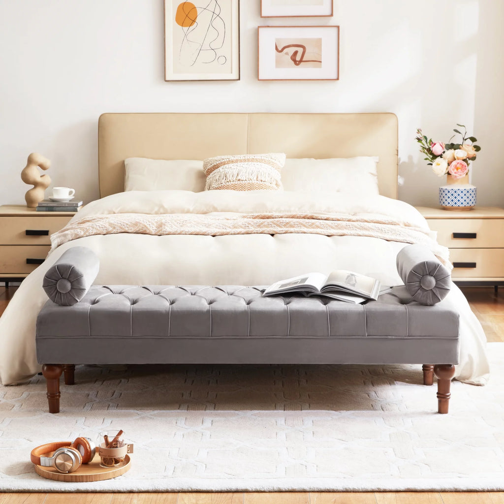 60.2 Inch Grey Tufted Upholstered Bench with 2 Pillows H65617