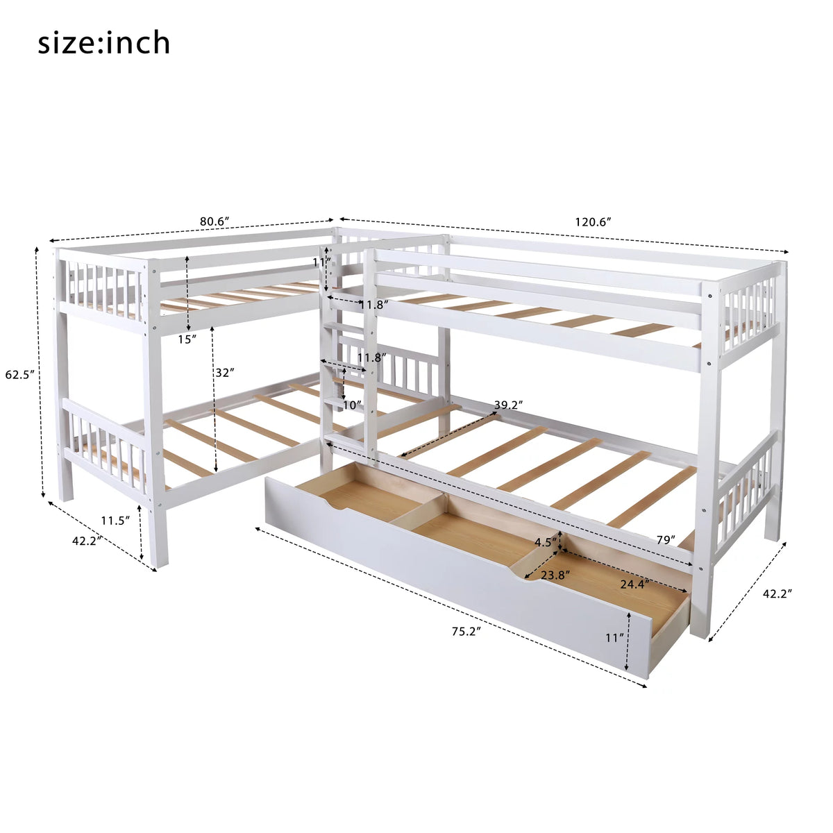 White Twin L-Shaped Bunk Bed with Drawers K844
