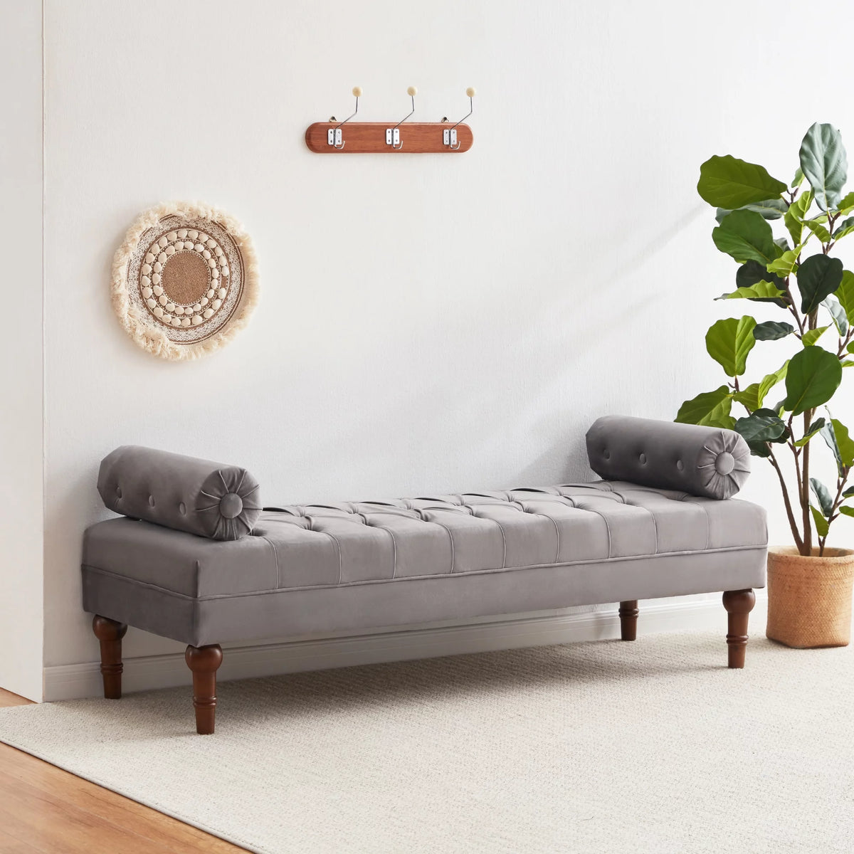 60.2 Inch Grey Tufted Upholstered Bench with 2 Pillows H65617