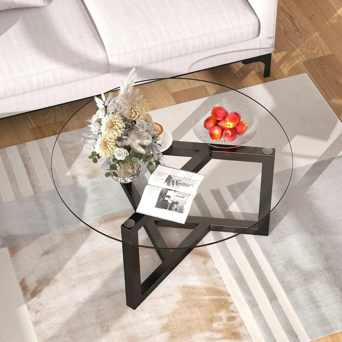 Glass Round Coffee Table with Wood Base Black O157427