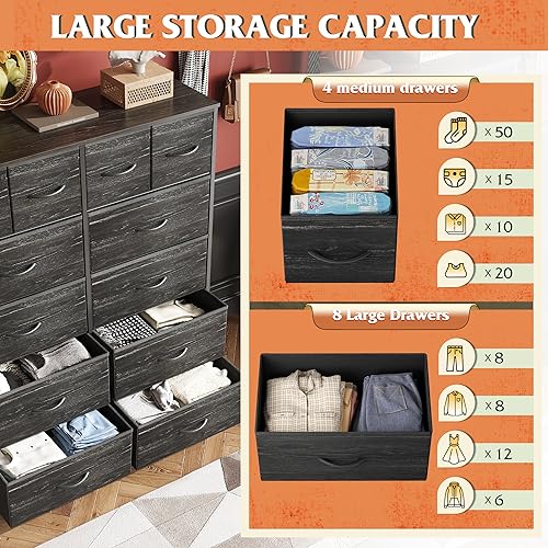 Charcoal Black 12 Drawer Fabric Dresser with Wood Top U367430