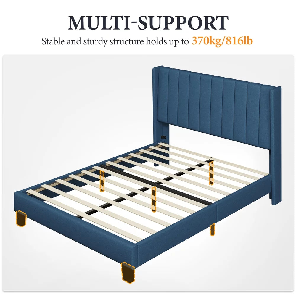 Queen Platform Bed with Upholstered Headboard, Navy Blue S71758
