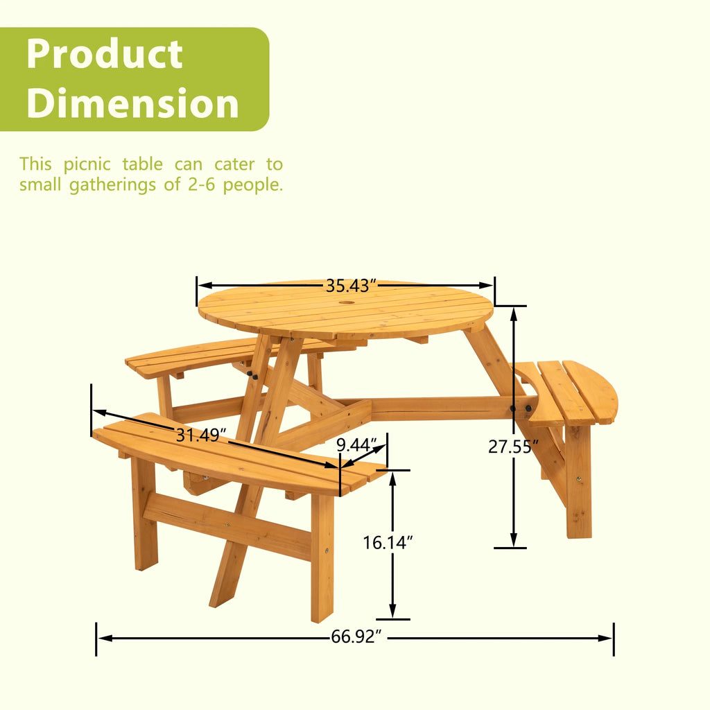 6-Person Circular Wooden Picnic Table with 3 Built-in Benches R263