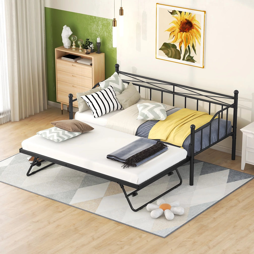Twin Size Black Metal Daybed with Adjustable Trundle R44398