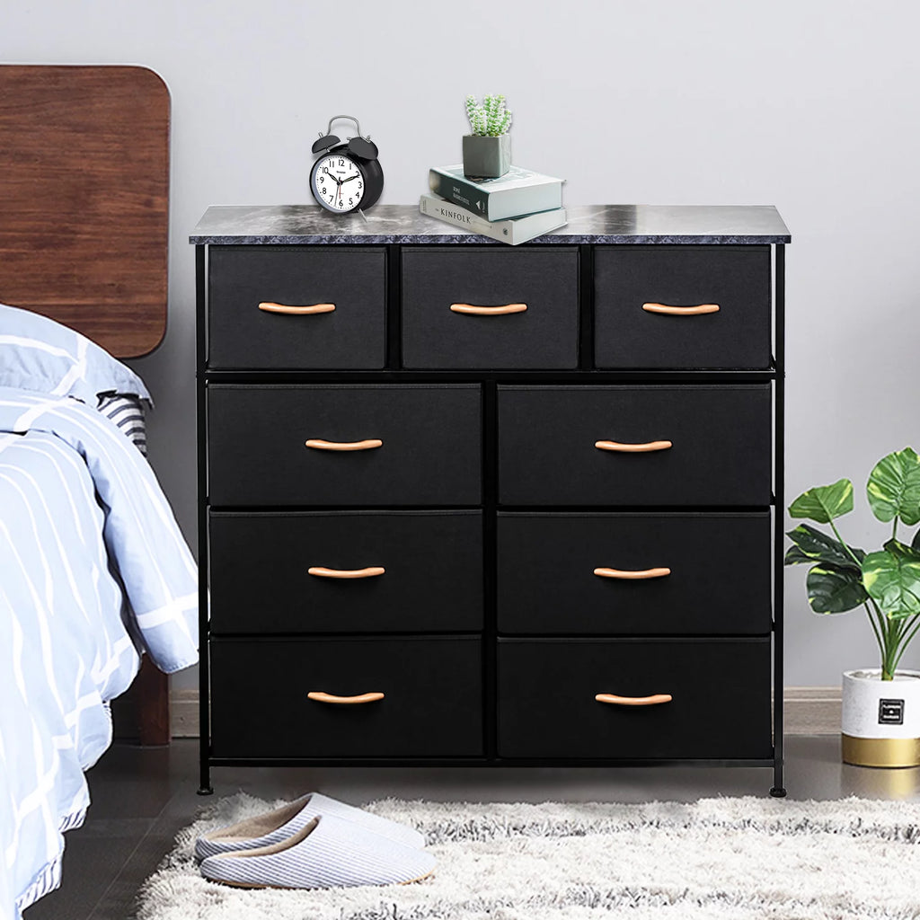Black 9 Drawer Fabric Dresser Storage Tower D856