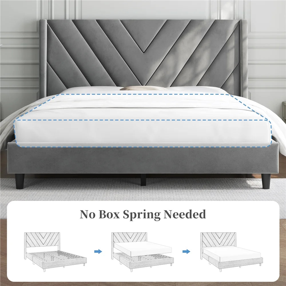 Light Gray Upholstered Bed with Wooden Slat Support Y940