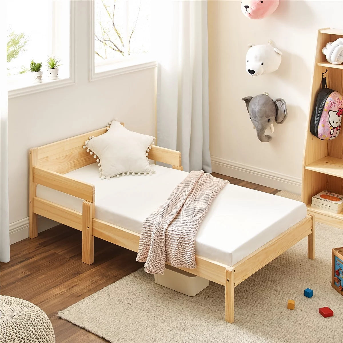 Solid Wood Toddler Bed with 2 Side Guardrails F89237
