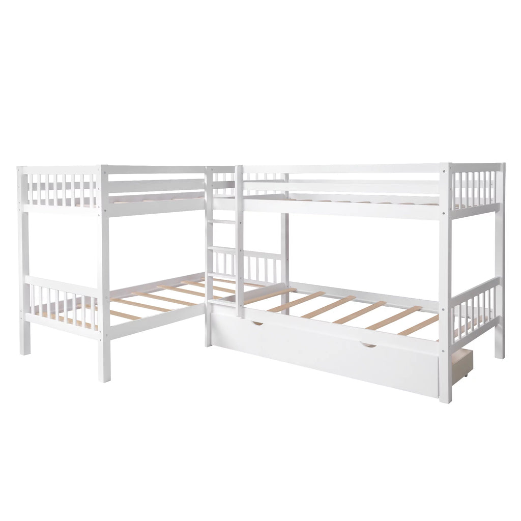 White Twin L-Shaped Bunk Bed with Drawers K844
