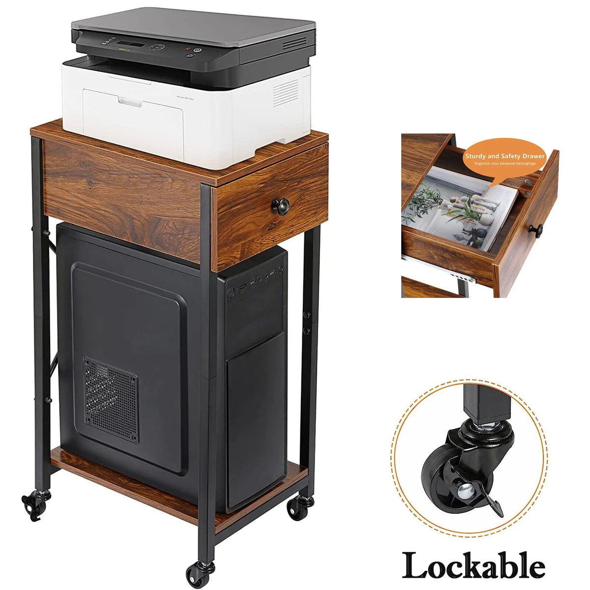 Computer Tower Stand with Wheels and Drawer C19623