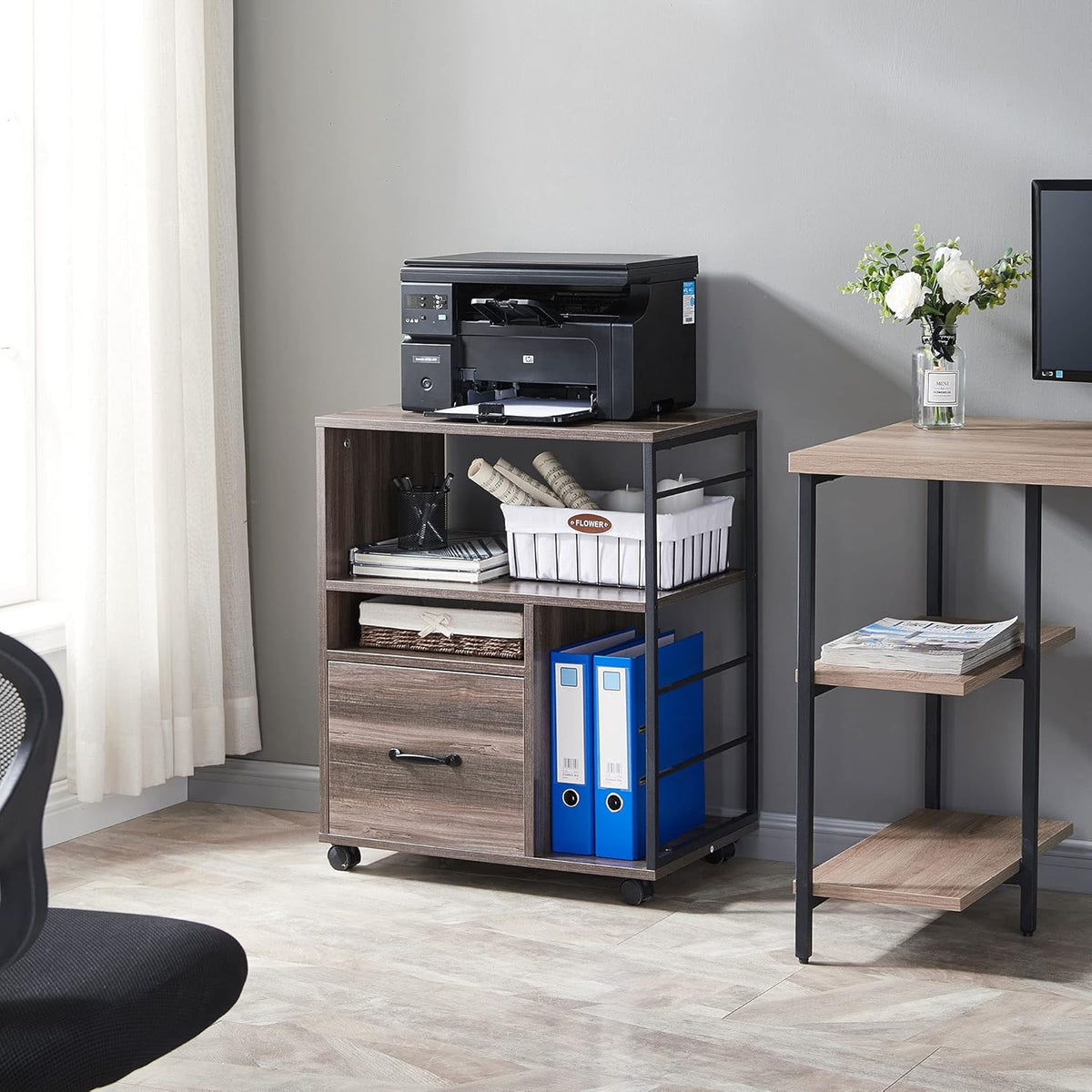 Rolling File Cabinet with Drawer and Open Storage Shelves J508848