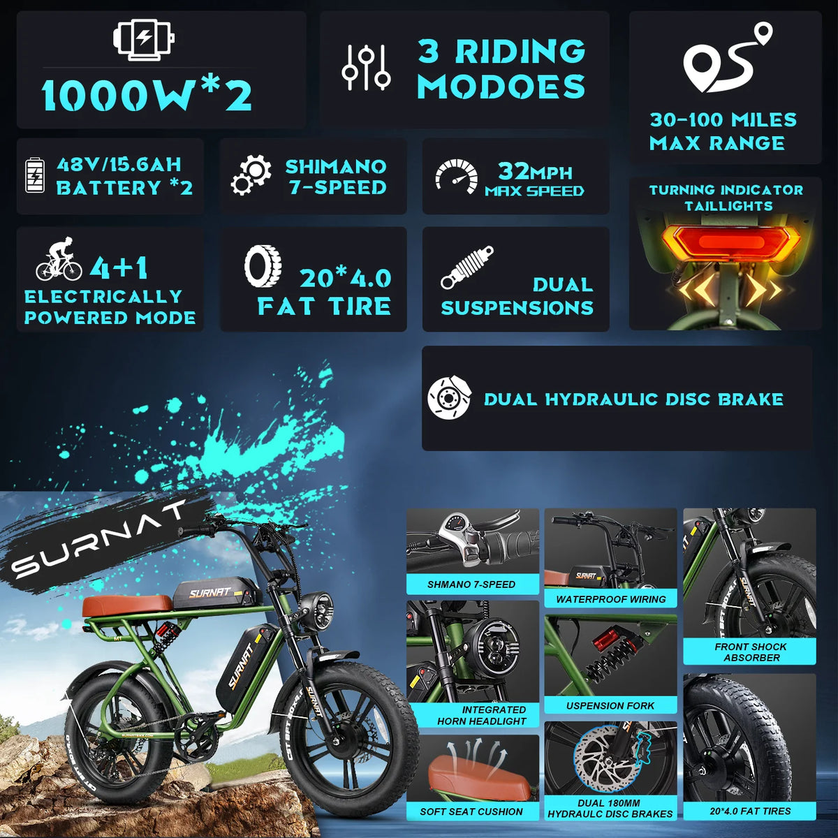 20" Dual Motor 2000W Fat Tire Electric Bike C65797