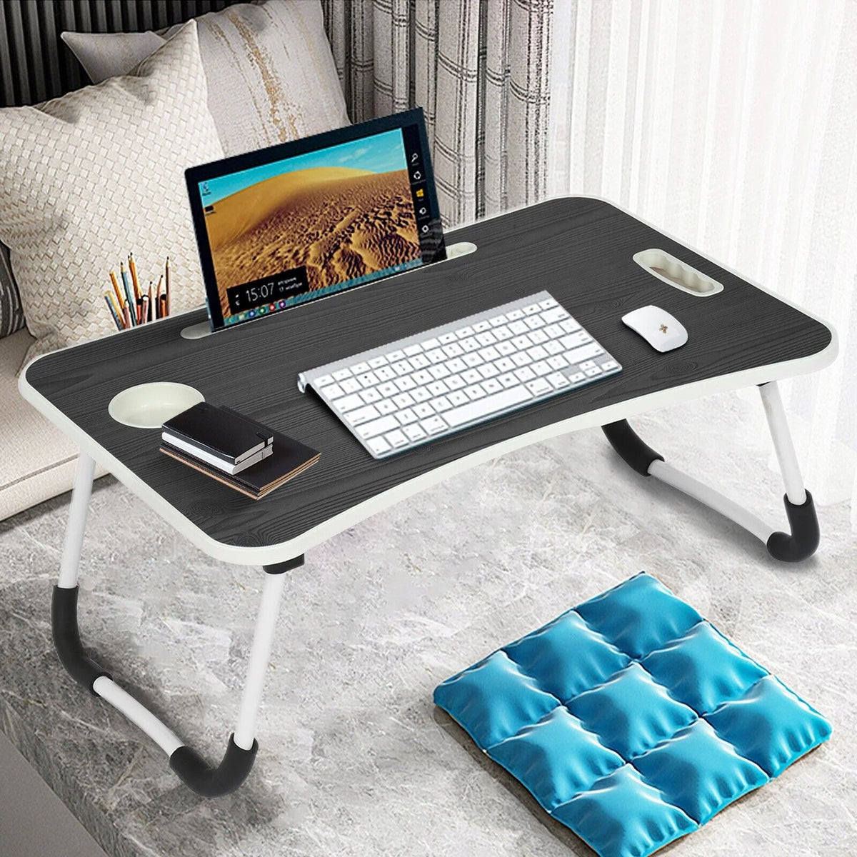 Black Portable Wood Folding Lap Desk with Cup Holder Y48697