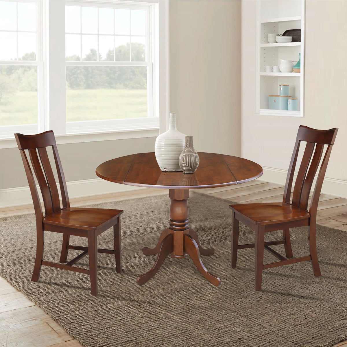 Solid Wood 3-Piece Dining Set with Dual Drop Leaf Table and 2 Splat Back Chairs W5104