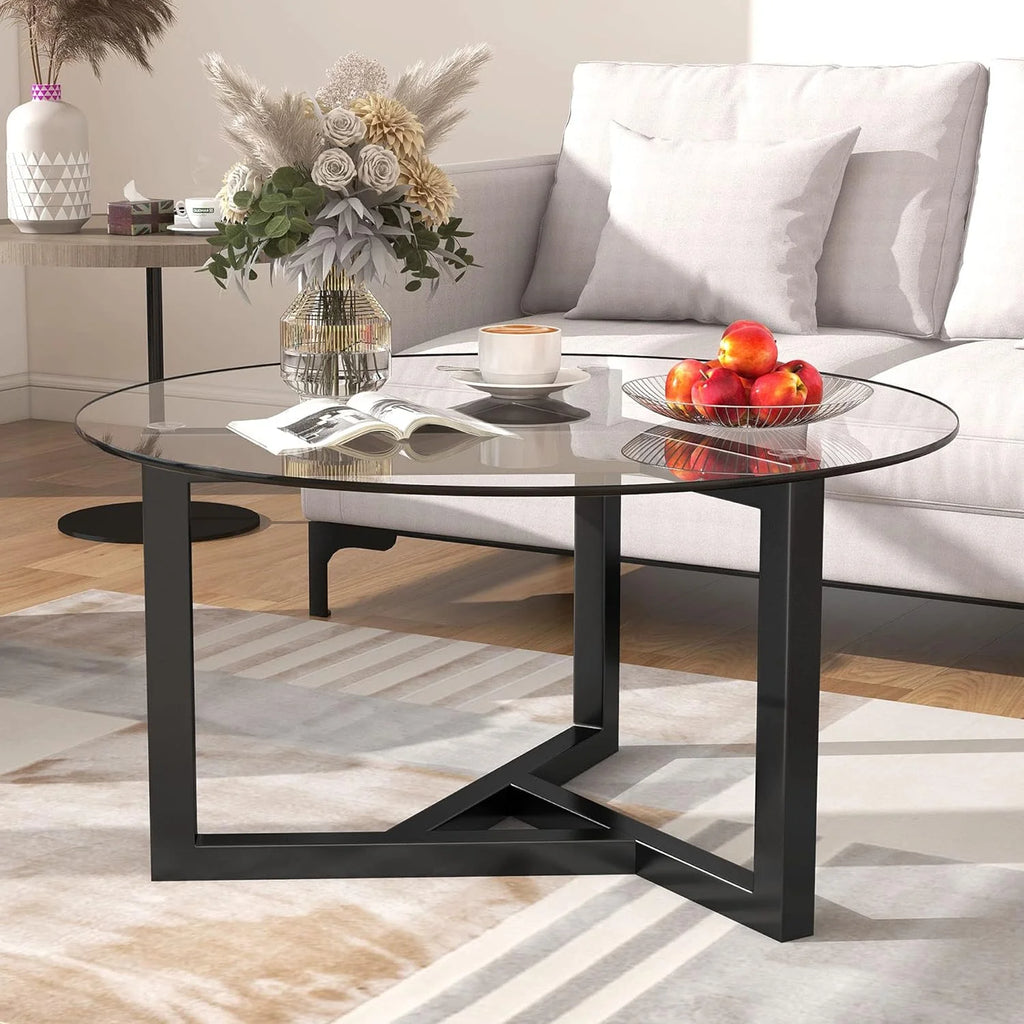 Glass Round Coffee Table with Wood Base Black O157427