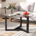 Glass Round Coffee Table with Wood Base Black O157427