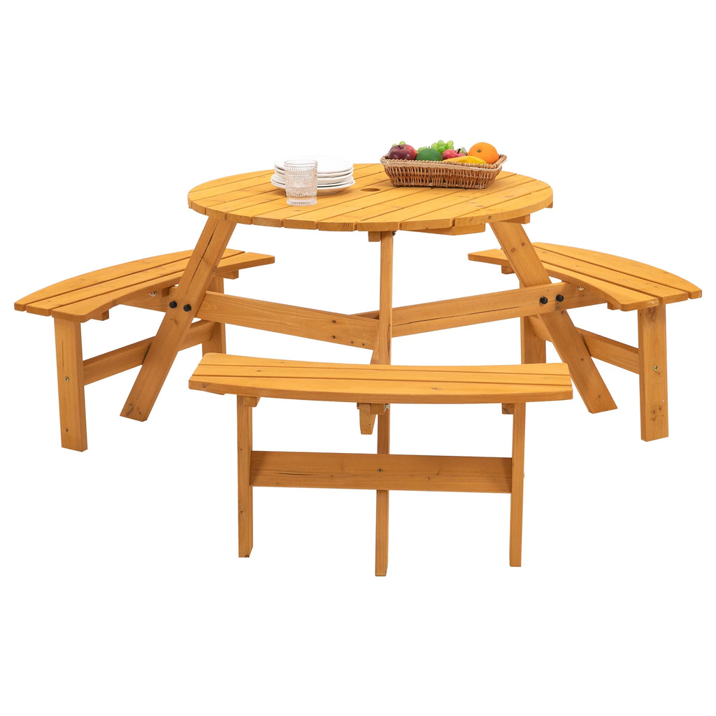 6-Person Circular Wooden Picnic Table with 3 Built-in Benches R263