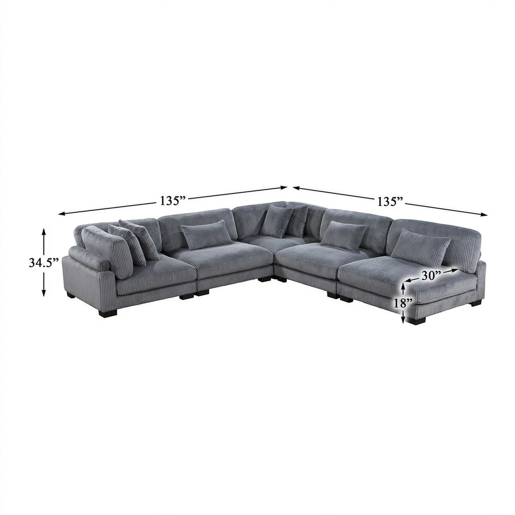 5-Piece Gray Corduroy Upholstered Modular Sectional C773577