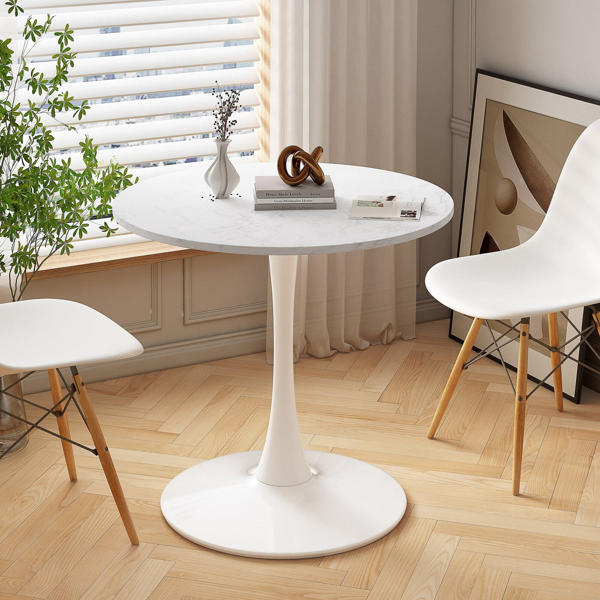 32" Round Marble White Dining Table with Metal Base E422964