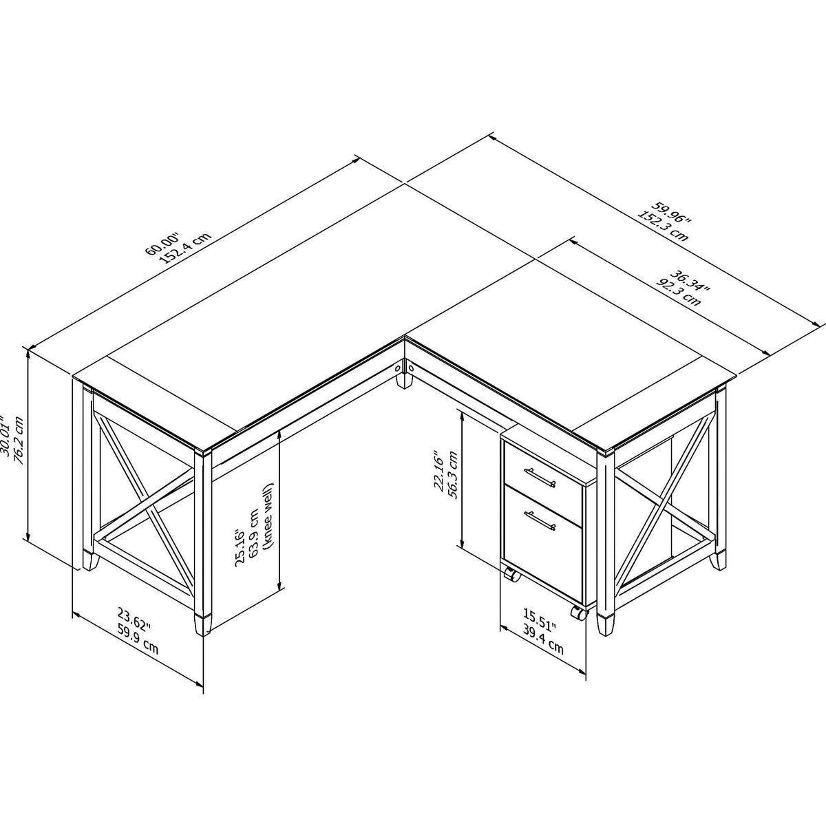 60-Inch L-Shaped Desk with Mobile File Cabinet C3809