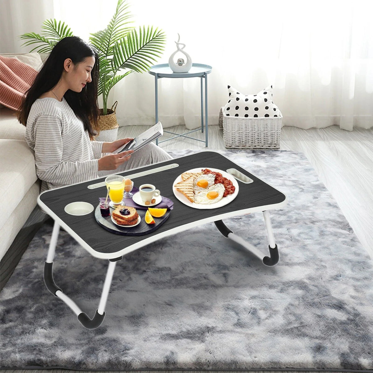 Black Portable Wood Folding Lap Desk with Cup Holder Y48697