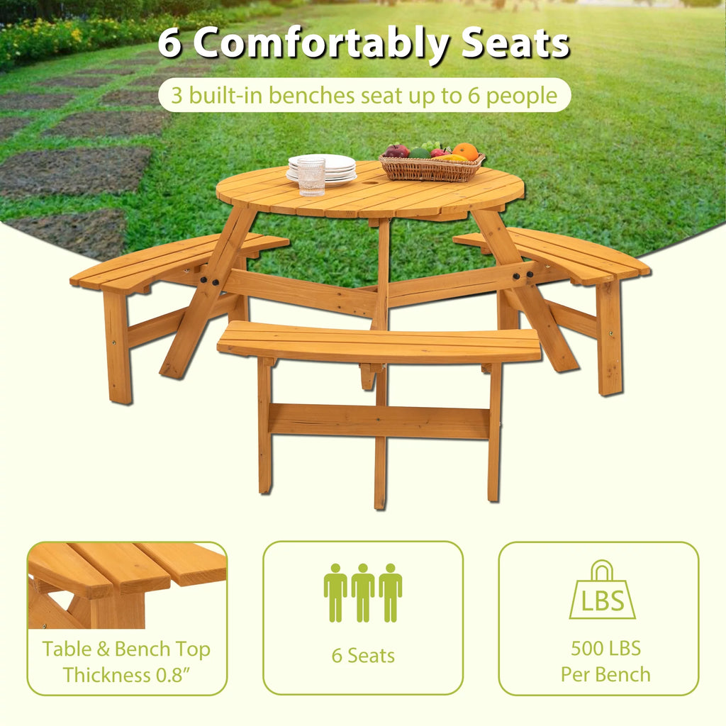6-Person Circular Wooden Picnic Table with 3 Built-in Benches R263