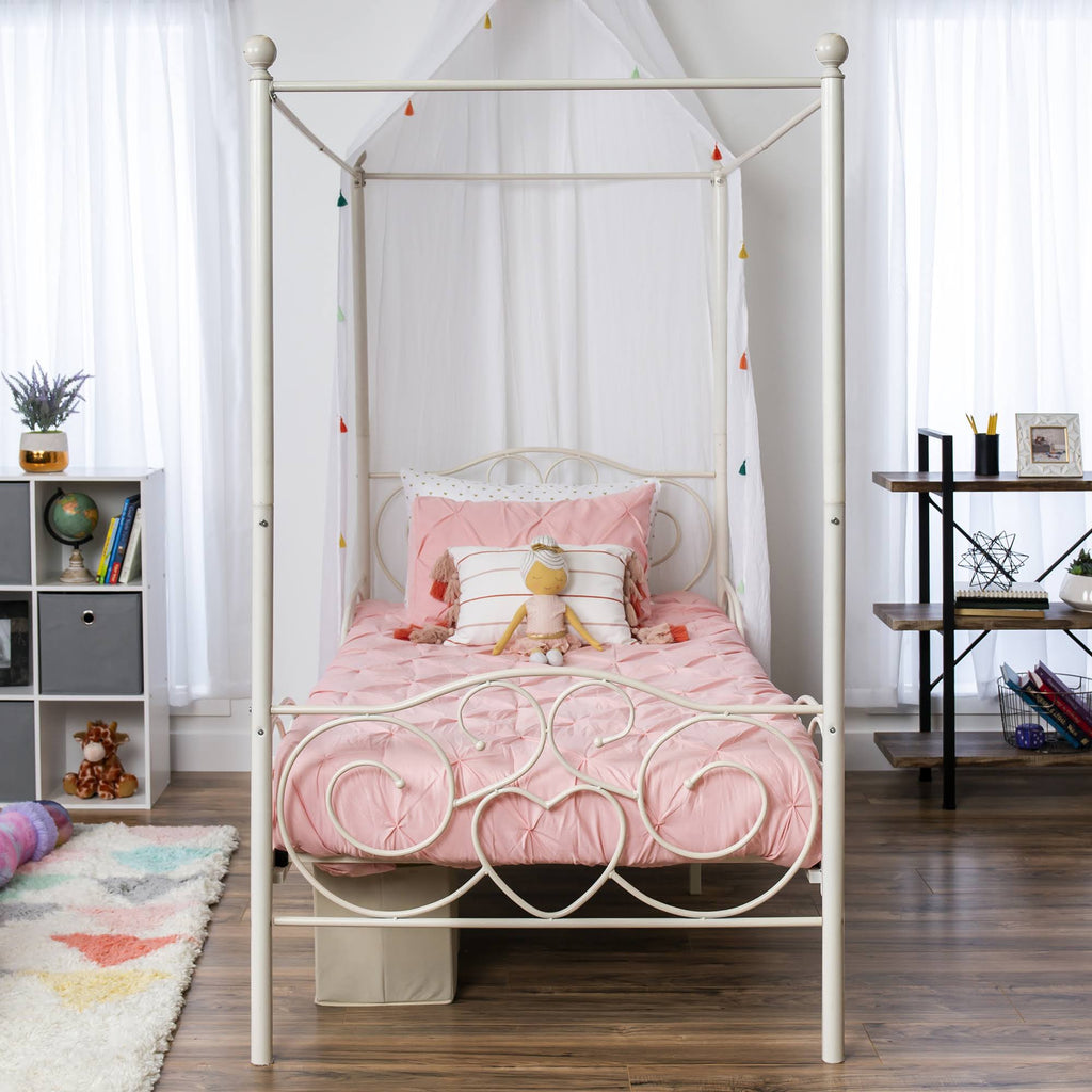 White 4 Post Metal Twin Bed Frame with Headboard and Footboard N5941