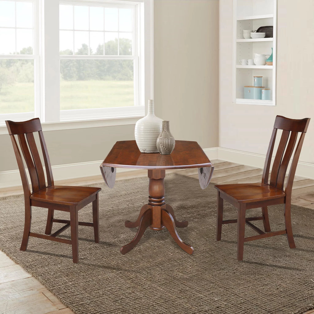 Solid Wood 3-Piece Dining Set with Dual Drop Leaf Table and 2 Splat Back Chairs W5104