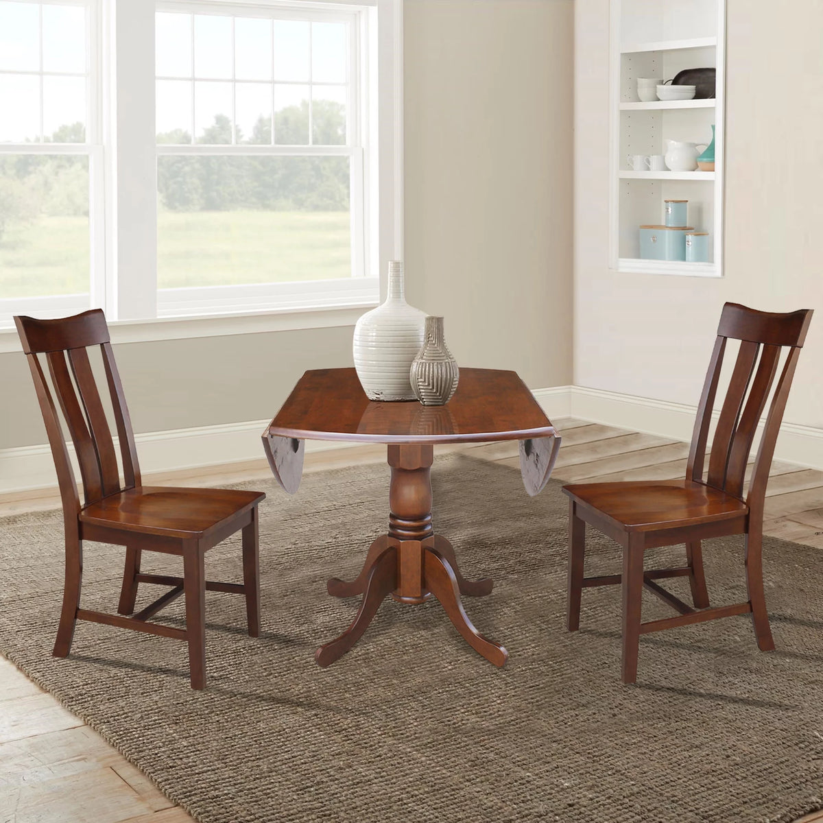 Solid Wood 3-Piece Dining Set with Dual Drop Leaf Table and 2 Splat Back Chairs W5104