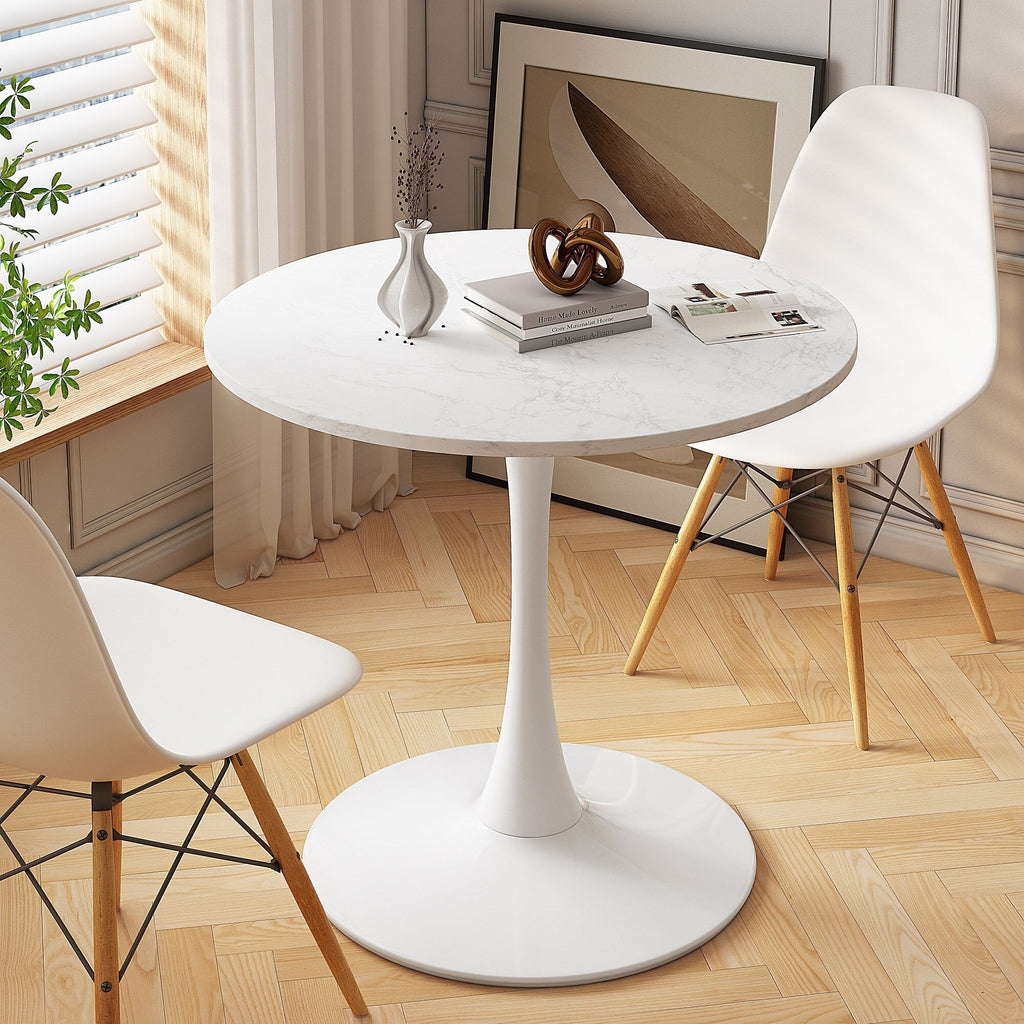 32" Round Marble White Dining Table with Metal Base E422964