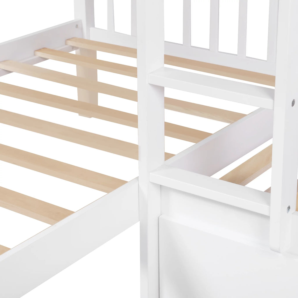 White Twin L-Shaped Bunk Bed with Drawers K844