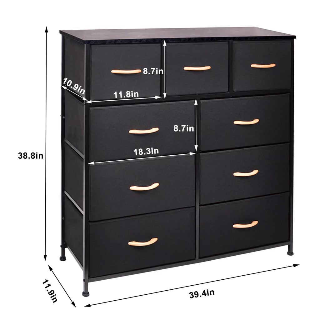 Black 9 Drawer Fabric Dresser Storage Tower D856