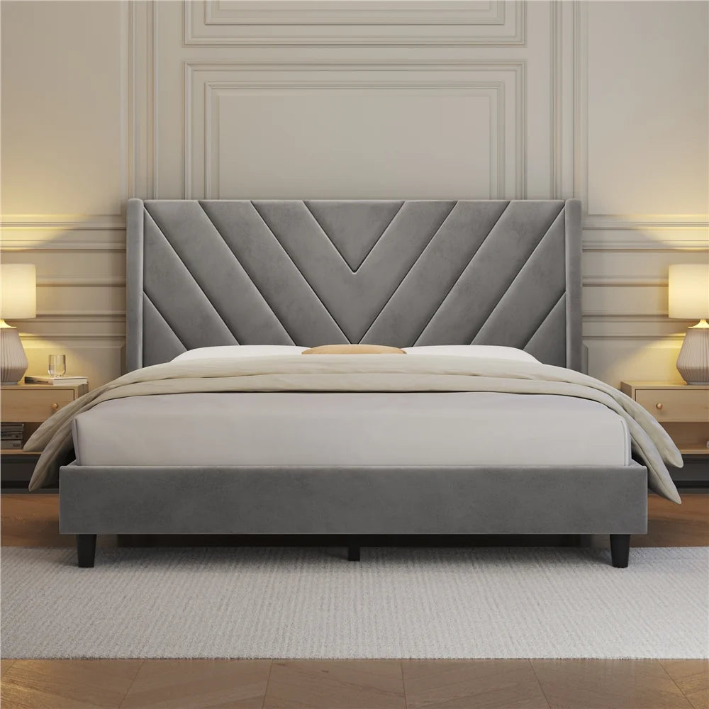 Light Gray Upholstered Bed with Wooden Slat Support Y940