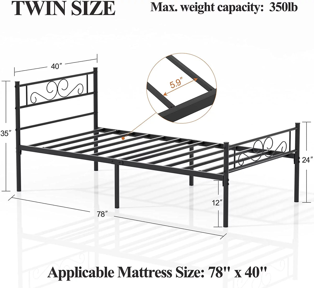 Twin Size Black Metal Platform Bed Frame with Headboard Z37533
