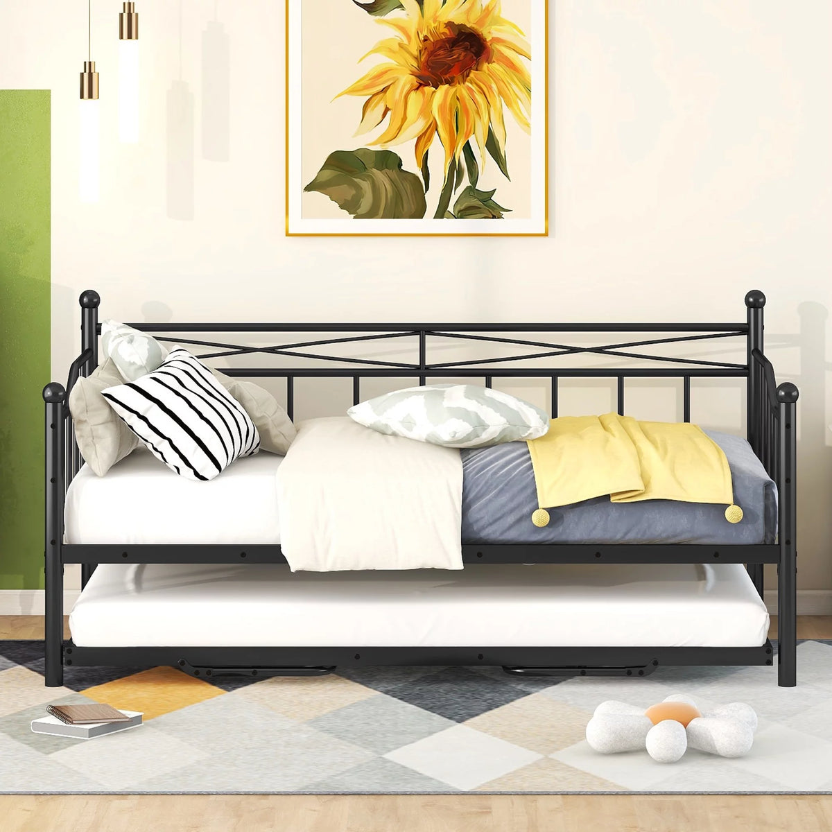 Twin Size Black Metal Daybed with Adjustable Trundle R44398