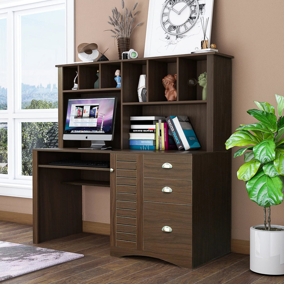 Computer Desk with Hutch Walnut Finish W705300