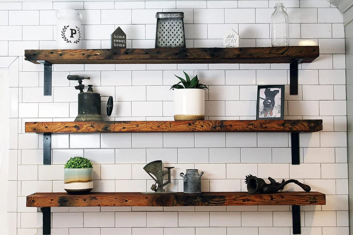 Reclaimed Wood Mantel Shelf with Steel Angle Brackets X584423