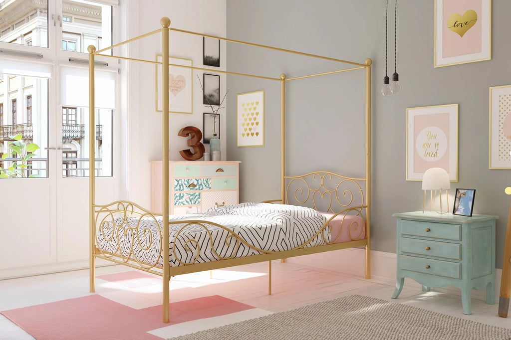 Gold Twin Canopy Metal Bed Q317
