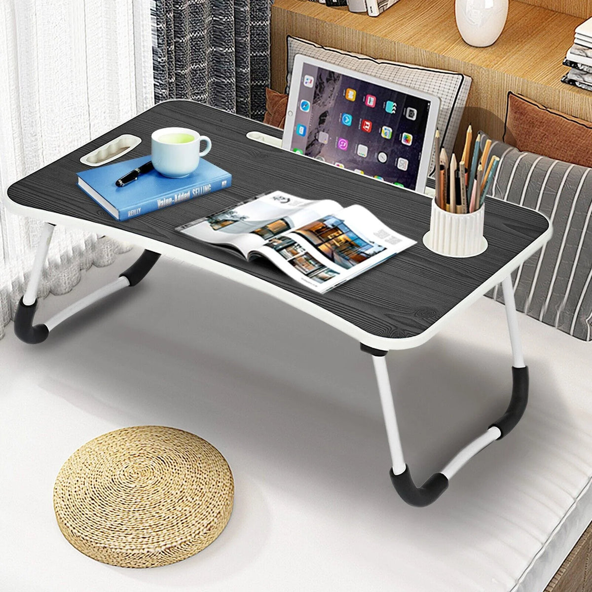 Black Portable Wood Folding Lap Desk with Cup Holder Y48697