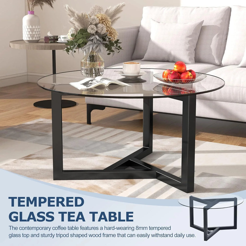 Glass Round Coffee Table with Wood Base Black O157427