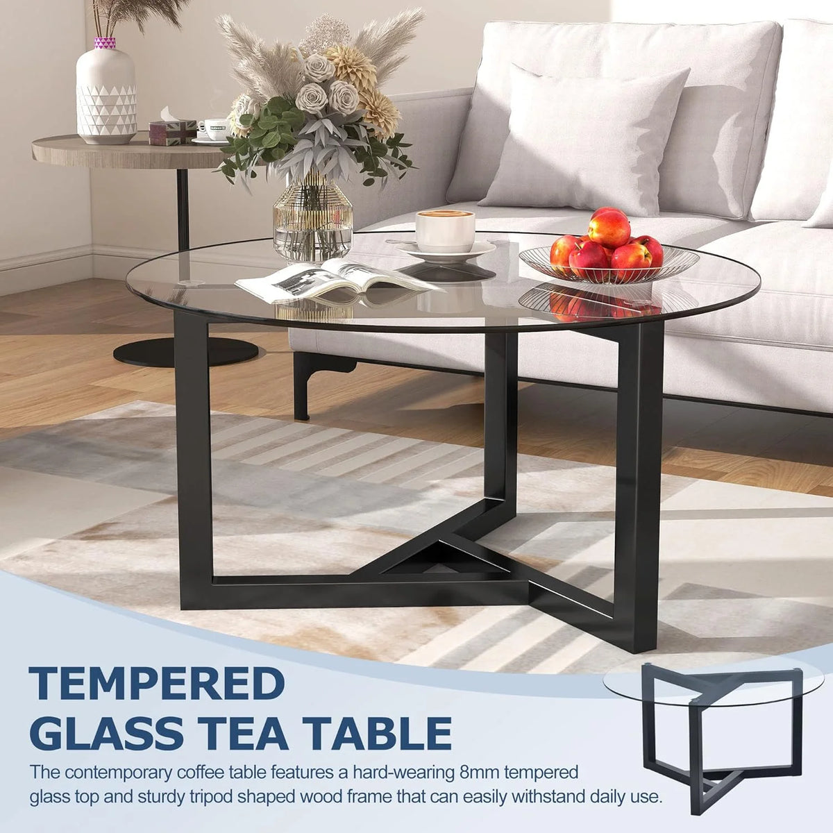 Glass Round Coffee Table with Wood Base Black O157427