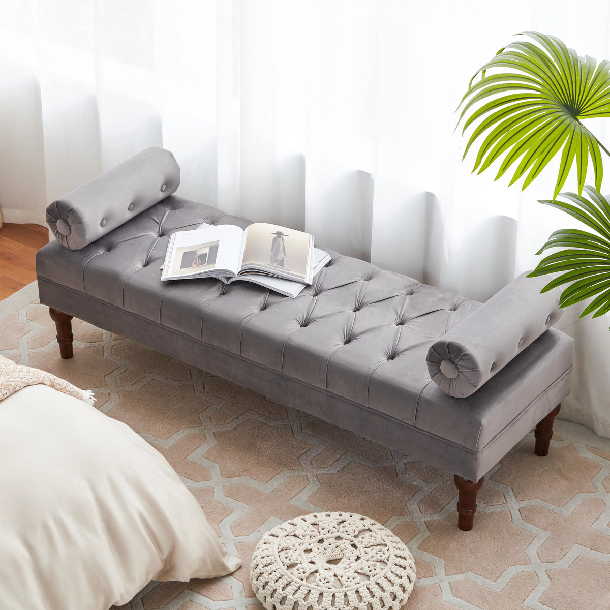 60.2 Inch Grey Tufted Upholstered Bench with 2 Pillows H65617