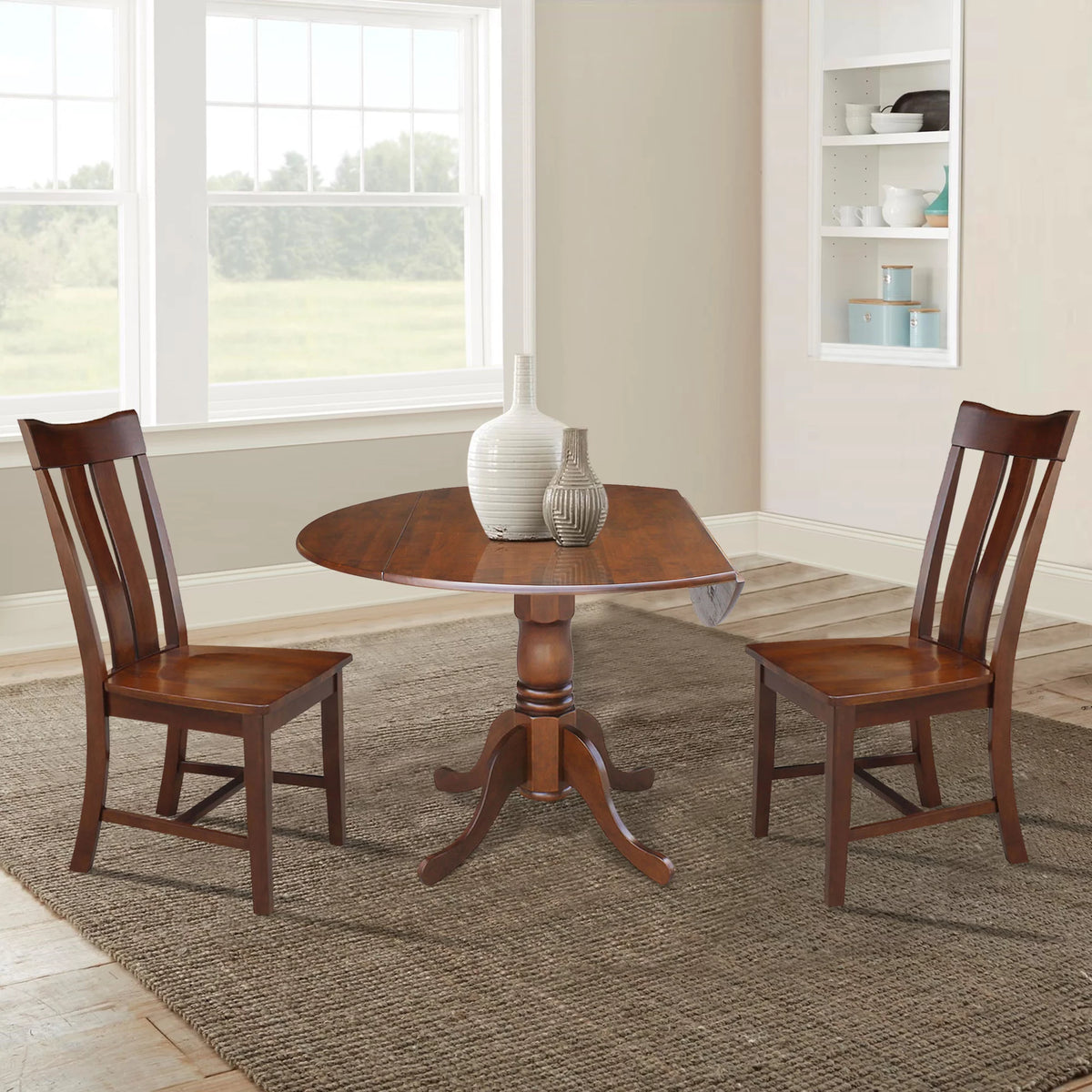 Solid Wood 3-Piece Dining Set with Dual Drop Leaf Table and 2 Splat Back Chairs W5104