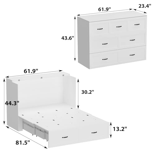 White Queen Size Murphy Cabinet Bed with Drawers D2186